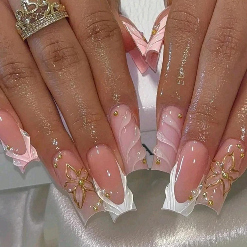 Transform your nails with 24-piece Elegant 3D Floral French Nail Stickers Sh